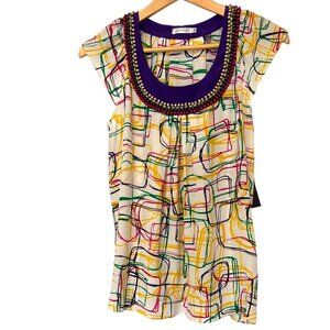 NWT Whitley Silk Top Size S Rainbow Burst Bead Embellishment Cap Sleeves New